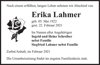 Traueranzeige von Erika Lahmer  von Magdeburger Volksstimme