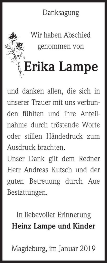 Traueranzeige von Erika Lampe  von Magdeburger Volksstimme
