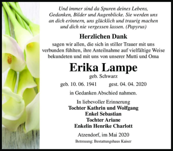 Traueranzeige von Erika Lampe (geb. Schwarz)  von Magdeburger Volksstimme