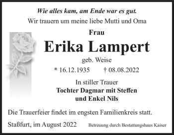 Traueranzeige von Erika Lampert (geb. Weise)  von Magdeburger Volksstimme