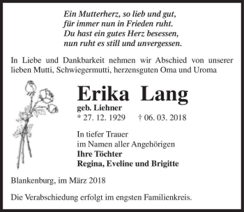 Traueranzeige von Erika Lang (geb. Liehner)  von Magdeburger Volksstimme