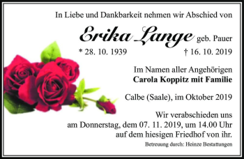 Traueranzeige von Erika Lange (geb. Pauer)  von Magdeburger Volksstimme