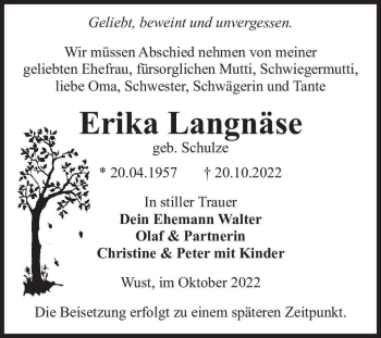 Traueranzeige von Erika Langnäse (geb. Schulze)  von Magdeburger Volksstimme