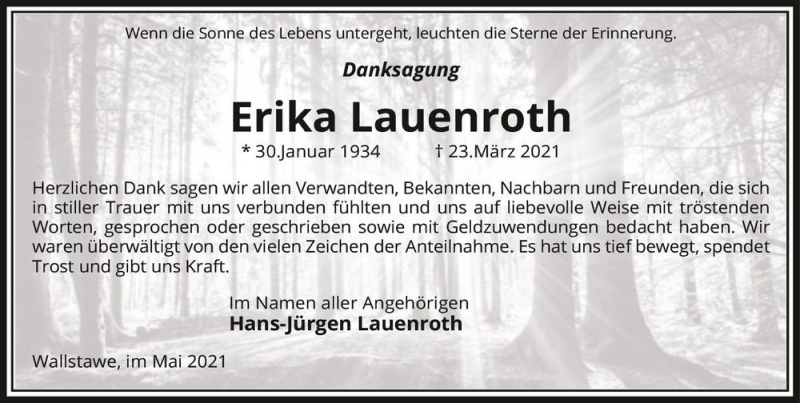  Traueranzeige für Erika Lauenroth  vom 12.05.2021 aus Magdeburger Volksstimme