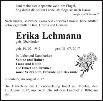 Traueranzeige von Erika Lehmann (geb. Oberländer)  von Magdeburger Volksstimme