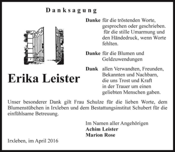 Traueranzeige von Erika Leister  von Magdeburger Volksstimme
