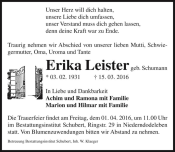 Traueranzeige von Erika Leister (geb. Schumann)  von Magdeburger Volksstimme