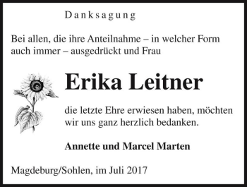 Traueranzeige von Erika Leitner  von Magdeburger Volksstimme