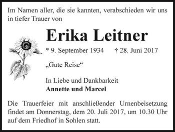 Traueranzeige von Erika Leitner  von Magdeburger Volksstimme