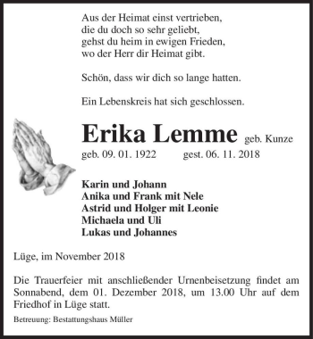 Traueranzeige von Erika Lemme (geb. Kunze)  von Magdeburger Volksstimme