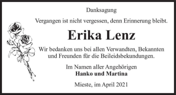 Traueranzeige von Erika Lenz  von Magdeburger Volksstimme