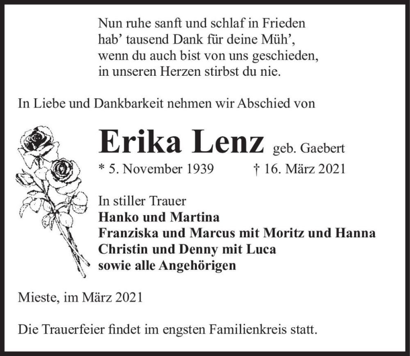  Traueranzeige für Erika Lenz (geb. Gaebert)  vom 19.03.2021 aus Magdeburger Volksstimme