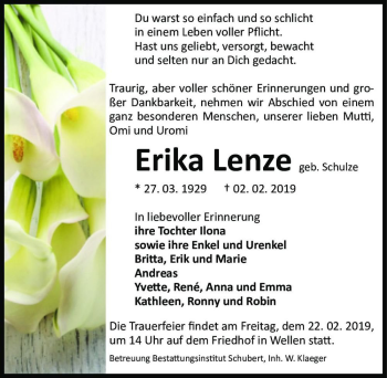 Traueranzeige von Erika Lenze (geb. Schulze)  von Magdeburger Volksstimme