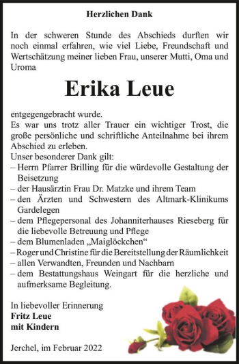 Traueranzeige von Erika Leue  von Magdeburger Volksstimme