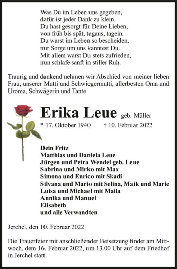 Traueranzeige von Erika Leue (geb. Müller)  von Magdeburger Volksstimme