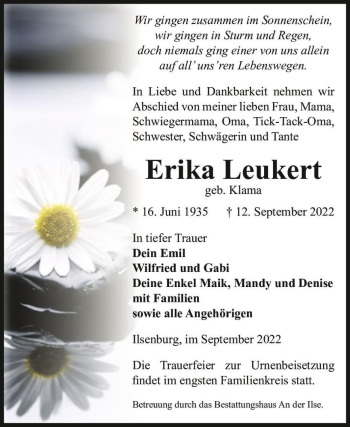 Traueranzeige von Erika Leukert (geb. Klama)  von Magdeburger Volksstimme