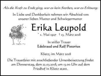 Traueranzeige von Erika Leupold  von Magdeburger Volksstimme