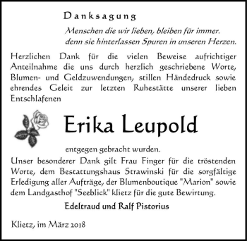 Traueranzeige von Erika Leupold  von Magdeburger Volksstimme