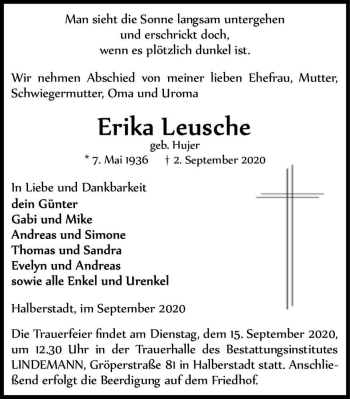 Traueranzeige von Erika Leusche (geb. Hujer)  von Magdeburger Volksstimme