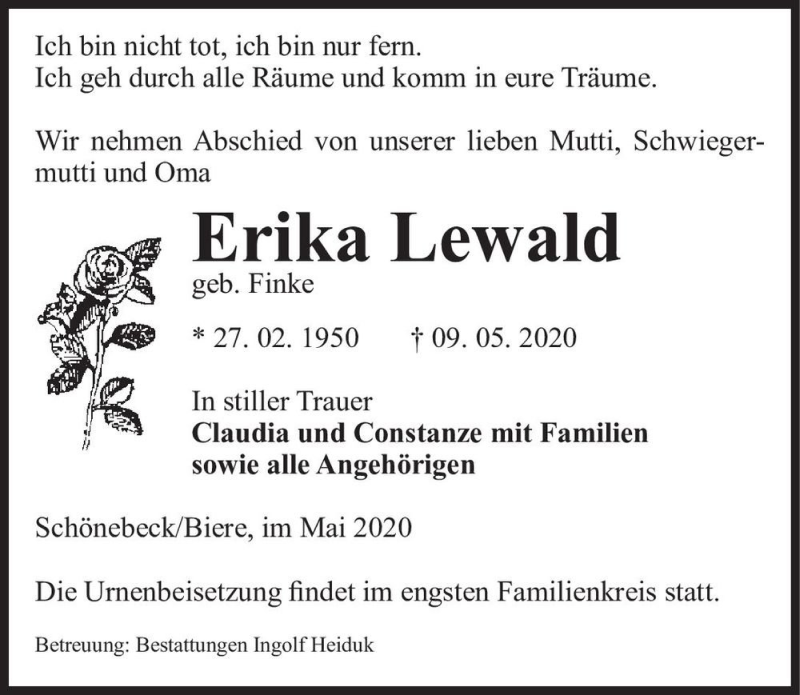  Traueranzeige für Erika Lewald (geb. Finke)  vom 16.05.2020 aus Magdeburger Volksstimme