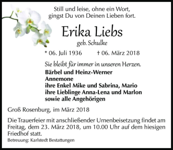Traueranzeige von Erika Liebs (geb. Schulke)  von Magdeburger Volksstimme