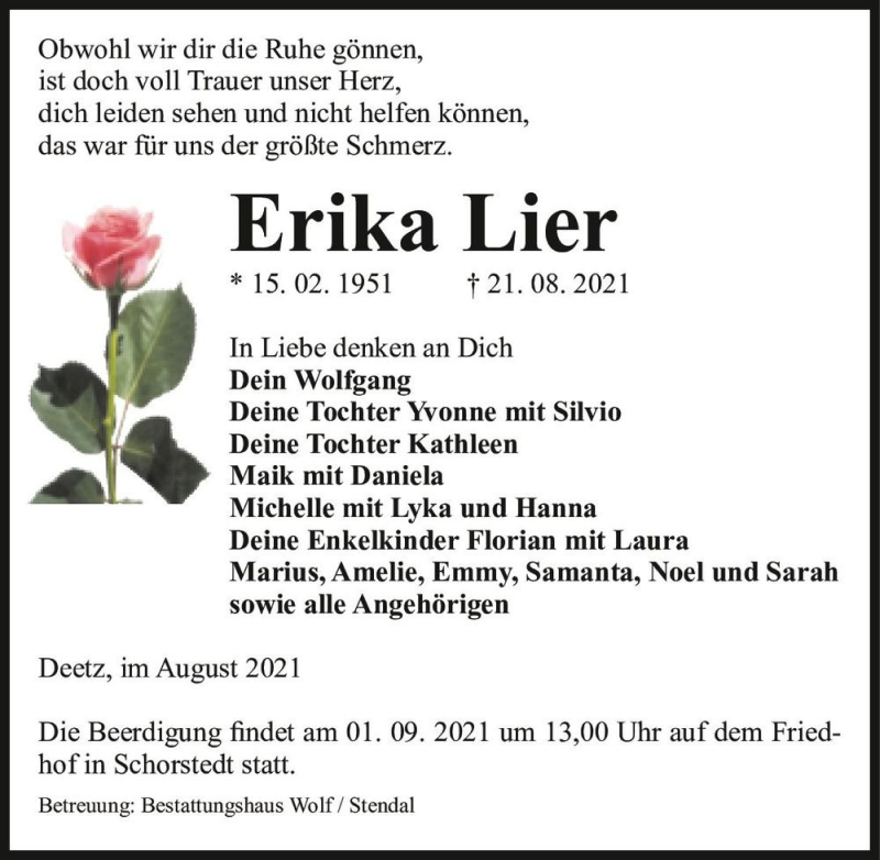  Traueranzeige für Erika Lier  vom 26.08.2021 aus Magdeburger Volksstimme