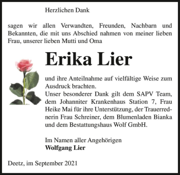 Traueranzeige von Erika Lier  von Magdeburger Volksstimme