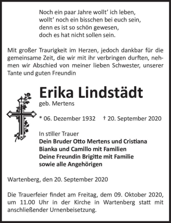 Traueranzeige von Erika Lindstädt (geb. Mertens)  von Magdeburger Volksstimme