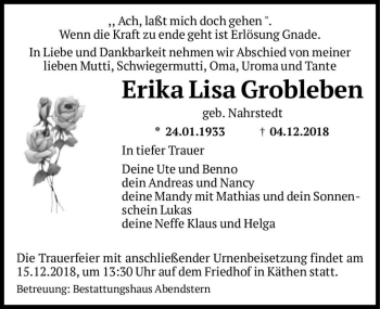 Traueranzeige von Erika Lisa Grobleben (geb. Nahrstedt)  von Magdeburger Volksstimme