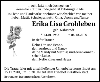 Traueranzeige von Erika Lisa Grobleben (geb. Nahrstedt)  von Magdeburger Volksstimme