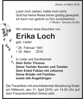 Traueranzeige von Erika Loch (geb. Lieder)  von Magdeburger Volksstimme