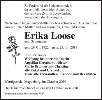 Traueranzeige von Erika Loose (geb. Schumann)  von Magdeburger Volksstimme