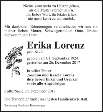 Traueranzeige von Erika Lorenz (geb. Krull)  von Magdeburger Volksstimme