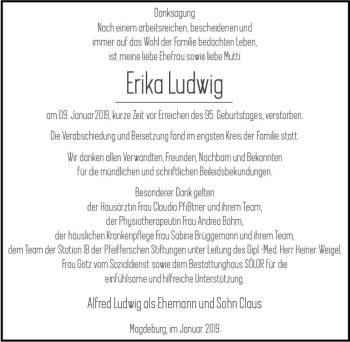 Traueranzeige von Erika Ludwig  von Magdeburger Volksstimme