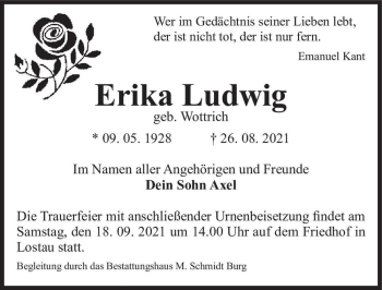 Traueranzeige von Erika Ludwig (geb. Wottrich)  von Magdeburger Volksstimme