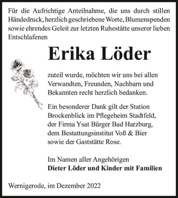 Traueranzeige von Erika Löder  von Magdeburger Volksstimme