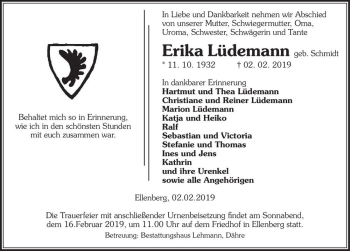 Traueranzeige von Erika Lüdemann (geb. Schmidt)  von Magdeburger Volksstimme