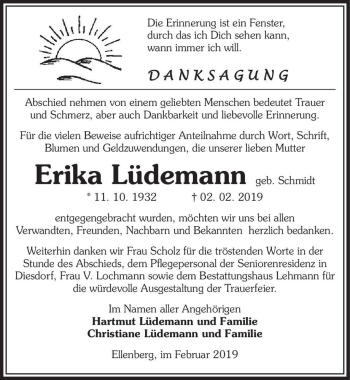 Traueranzeige von Erika Lüdemann (geb. Schmidt)  von Magdeburger Volksstimme