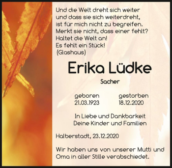 Traueranzeige von Erika Lüdke (geb. Sacher)  von Magdeburger Volksstimme