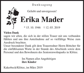 Traueranzeige von Erika Mader  von Magdeburger Volksstimme