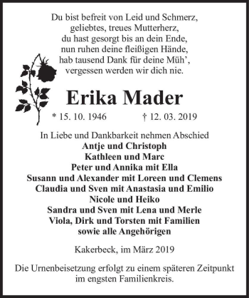 Traueranzeige von Erika Mader  von Magdeburger Volksstimme