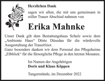 Traueranzeige von Erika Mahnke  von Magdeburger Volksstimme