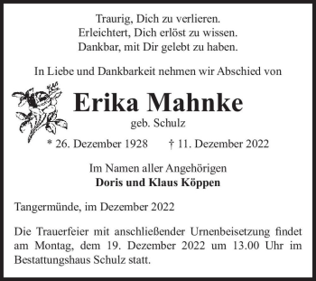 Traueranzeige von Erika Mahnke (geb. Schulz)  von Magdeburger Volksstimme