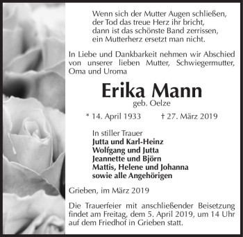 Traueranzeige von Erika Mann (geb. Oelze)  von Magdeburger Volksstimme