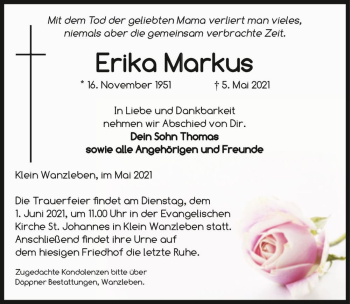 Traueranzeige von Erika Markus  von Magdeburger Volksstimme