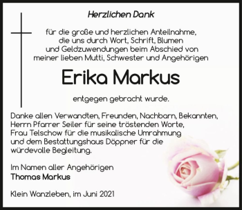 Traueranzeige von Erika Markus  von Magdeburger Volksstimme
