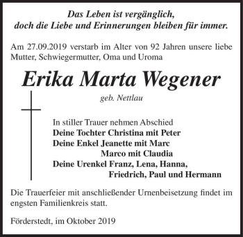 Traueranzeige von Erika Marta Wegener (geb. Nettlau)  von Magdeburger Volksstimme