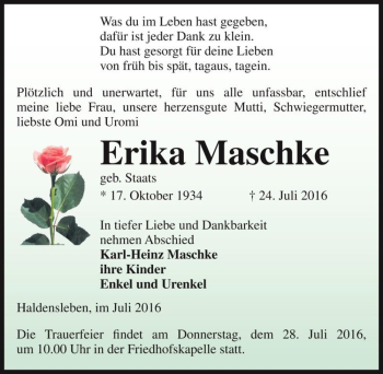 Traueranzeige von Erika Maschke (geb. Staats)  von Magdeburger Volksstimme