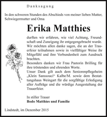 Traueranzeige von Erika Matthies  von Magdeburger Volksstimme