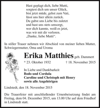 Traueranzeige von Erika Matthies (geb. Dammert)  von Magdeburger Volksstimme